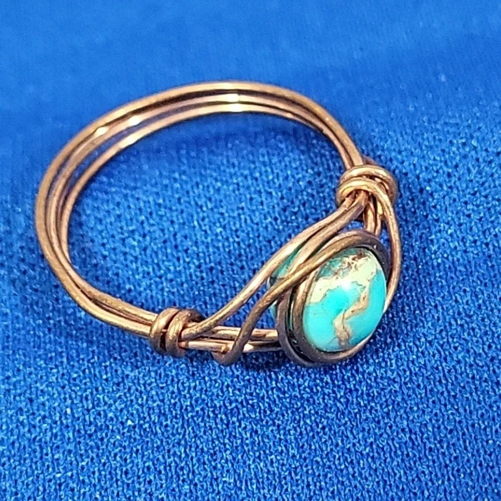 Copper‎ Wire Wrapped Ring Faux Turquoise Blue Stone Small Size 5 Urban Boho